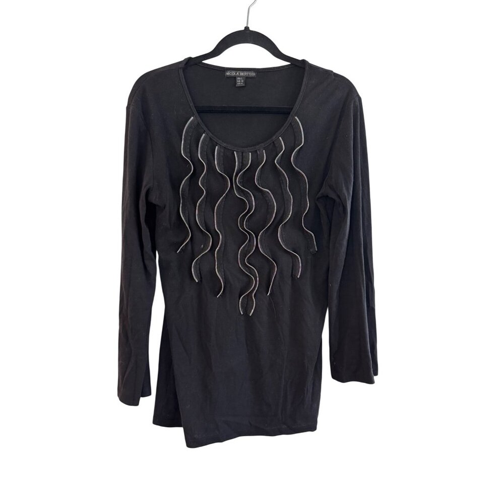 Nicola Berti Black Long-Sleeve Top With Wavy Embellishments Womens L Cotton Blen